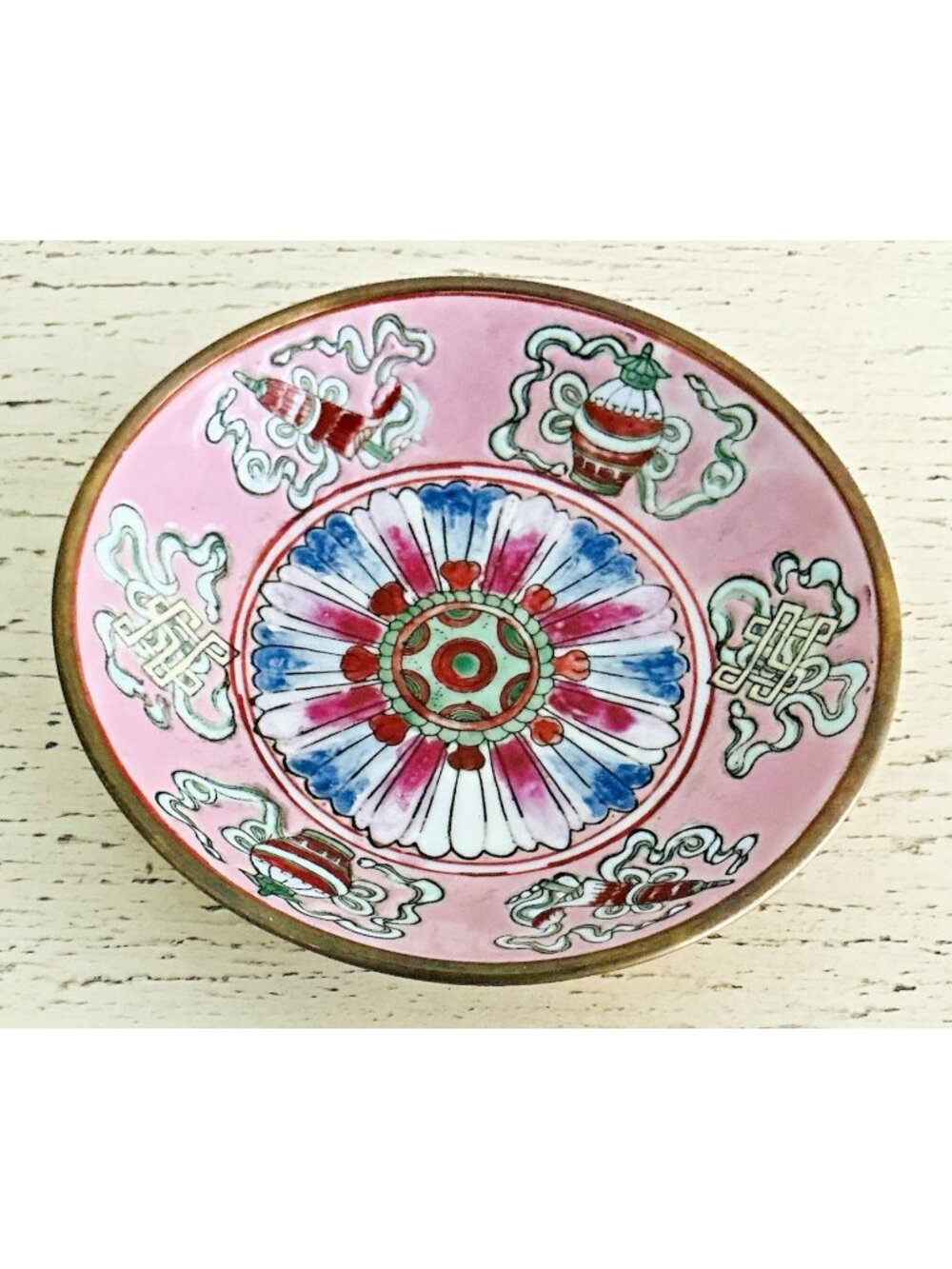 Vintage Chinese Cloisonne & Enamel Porcelain Bowl Brass rim Pink Floral Lotus